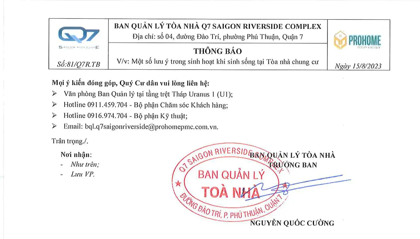 Q7R-TB.81-Một số lưu ý trong sinh hoạt khi sinh sống tại Tòa nhà chung cư
